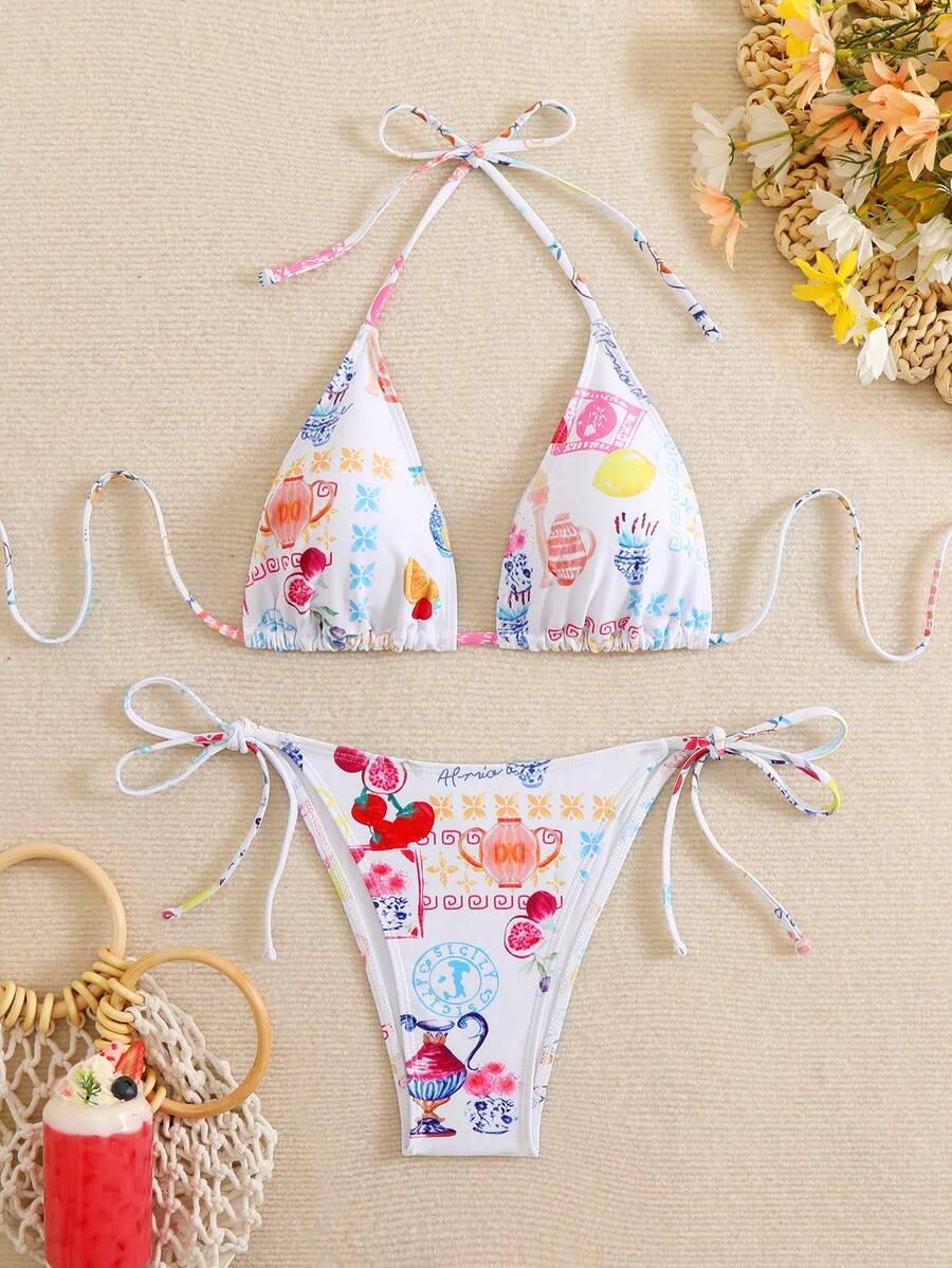 2pcs Sexy Beach Watermelon & Architecture Printed Bikini Set - White - View 1