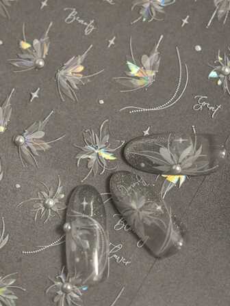 1 ark Vita blommor 3D Pearl Nail Art Decoration Sticker DIY Art 3D Självhäftande Nail Charm Decal Y2K Style Nail Art Accessories