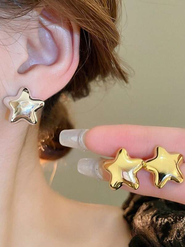 1 Pair Hollow Star Earrings, Fashionable New Simple And Elegant Design, Versatile Accessories; 1 Pair Minimalist Metal Bead Stud Earrings, Office Workers, And Customers Who Prefer Geometric Jewelry