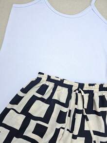 Plus Size G1 Sets Basic Simple Tank Top+Printed Shorts And Lios - 方形淺色+白背心 - 查看 2