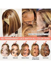 Lace Front Bob, Short Straight Hair, Real Human Hair Quality - Gold Gradient, High Gloss, Pre-Pull Hairline, No Glue, Comfortable Fit For Daily And Special Occasions, Natural Style, Versatile, 180% Density - Gold - View 7
