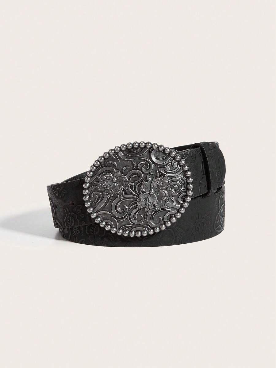 1pc Women's Retro Metal Buckle PU Belt, Suitable For Western Cowboy-Style Outfit Summer, School Fall, Autumn, Halloween - Black - View 1
