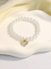 1 pieza Elegante y de moda brazalete con lazo con perla artificial en forma de corazón, adecuado para uso diario o boda