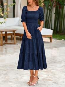 Women's Summer Casual Mid-Length Dress Square Collar Puffed Sleeve Ruffles A-Line Flower Elegant Bohemian Style Dress - màu xanh đậm - Xem 4
