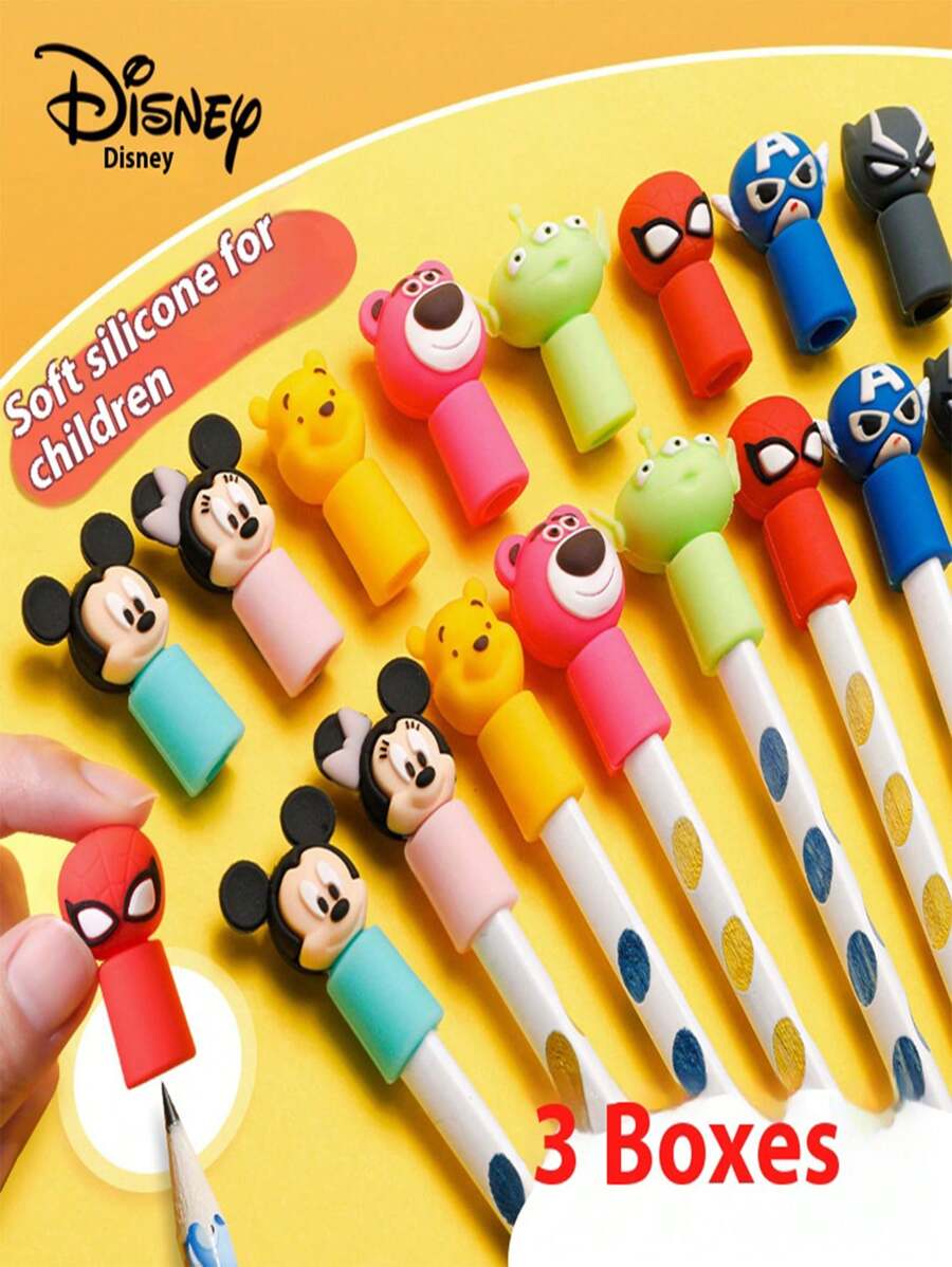 Disney 3pcs/Set Disney Official Winnie The Pooh & Marvel Soft Silicone Cute Cartoon Pen Caps - Plastic Pencil Toppers For Kids, Students, Back To School Supplies, Graduation Season Gifts, Multi-Character Designs, Themed Pencil Covers, Writing Accessories Fits Standard Pencils/Pens
