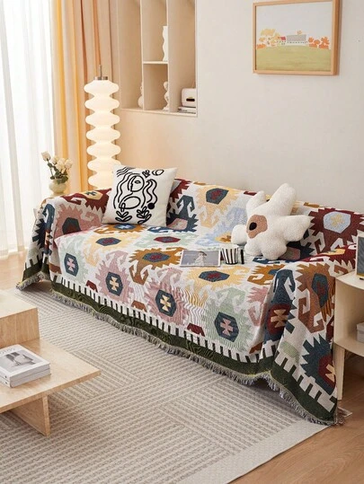 غطاء كنب مزدوج جانبي بطراز بوهيمي عتيق بشكل بطانية ديكورية