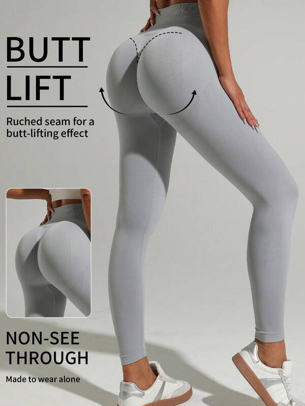 1 pieza Leggings deportivos de punto sin costuras y de alta elasticidad para mujer - Color gris, para todas las estaciones, ideal para actividades atléticas y yoga de adultos, leggings transpirables para entrenamiento en el gimnasio