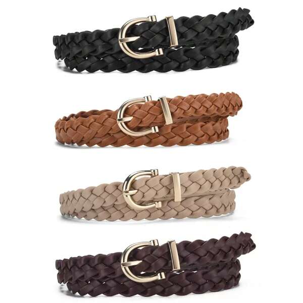 1/2/3 Stück Geflochtener Kunstleder Finger Schlaufe Schnallen Gürtel für Damen, Gold & Silber Gürtelschnalle, für Jeans/Röcke, Schwarz & Beige Gürtel Set für Sommer, Schule, Herbst, Halloween