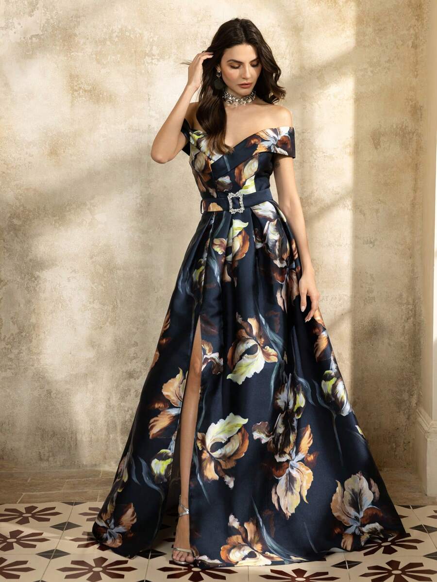 Faeriesty Printing Luxurious Elegant Floral Evening Dress With Off — free download