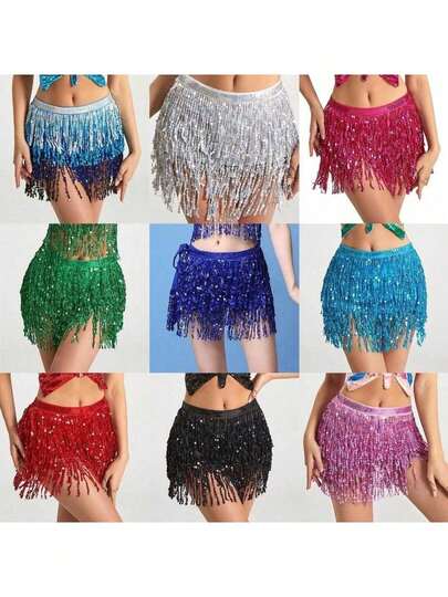 Conjunto de ropa para danza del vientre con falda con flecos y lentejuelas brillantes, elegante cinturón de baile para la cintura para danza del vientre