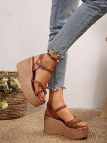 2025春夏新款女士坡跟厚底沙滩度假编织绑带高跟凉鞋，连衣裙风格时尚高跟拖鞋 - 棕色 - 查看 8