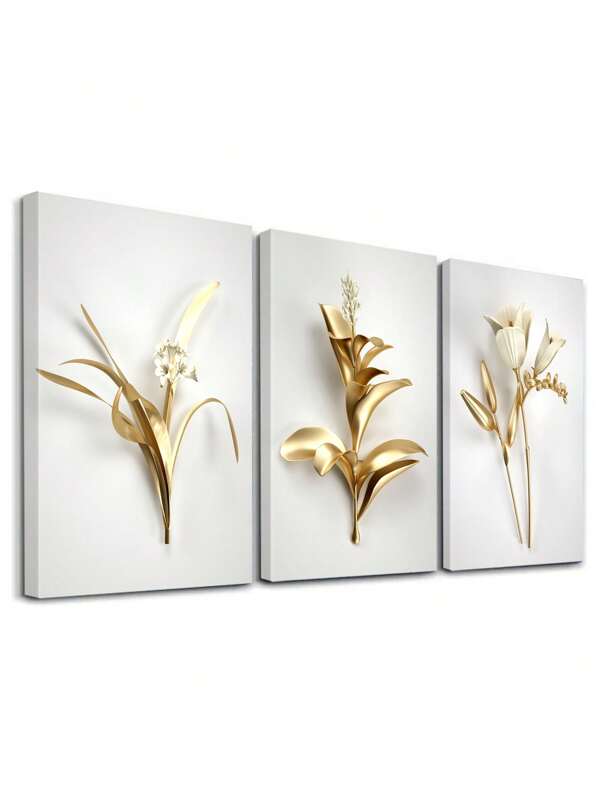 3 piezas de arte de pared moderno, obra de arte decorativa dorada, carteles con estampado de hojas, pinturas de lienzo con motivos florales, arte de pared elegante, pinturas clásicas, estética de habitación, decoración del hogar, regalo ideal, para sala de estar, dormitorio, baño, con opción de marco