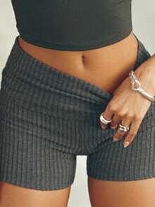 Women's Summer Yoga Slim Knit Shorts Solid Color Ribbed Fold Over Waist Short Pants - Màu xám đen - Xem 1