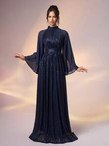 YISIKADO Kvinnor Formell bankett Elegant höghalsad paljettkontrast chiffong utsvängd aftonklänning Lång klänning Balklänning Bröllop Gästavslutningsmiddag - Marinblå - Visa 5