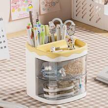 1Pc Rotating Drawer Style Storage Box Pen Holder, For Desktop Storage Pencil Storage Rack Cute Desktop Pen Cup Makeup Brush Container Home Decoration Stationery Storage Multifunctional Storage Box,Back To School,School Supplies,Pencil Case,Pencil Pouch,School Bag