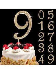 1pc Large Number 0 1 3 4 5 6 7 8 9 Birthday Cake Topper, Gold Bling Rhinestone Happy Birthday Cake Topper, No 1 10 16 18 21 30 40 50 60 70 80 Cake Toppers For Birthday Party Wedding Anniversary Decorations, - Gold - View 12