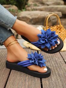 Women's Fashionable, Comfortable And Lightweight Floral Thong Sandals, Casual Beach Slippers - Blue - View 3