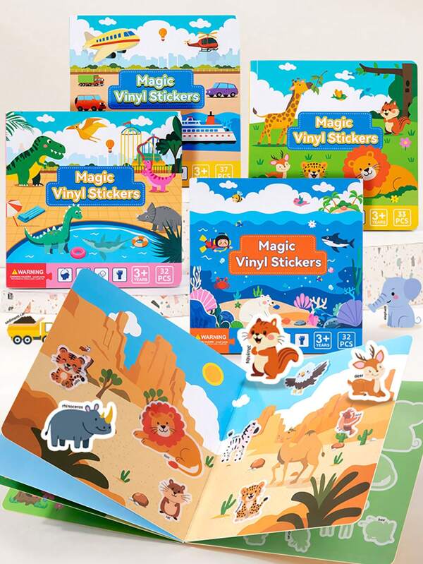 1 stuk Montessori herbruikbare Jelly Stickers Busy Book - Statische kleefactiviteiten voor meerdere scènes, geschikt voor kleuters, rustig leerzaam speelgoed, geschikt voor vliegtuigen/reizen, 3-6 jaar vroege educatieve sensorische spellen (dieren/voertuigen), verjaardagscadeaus voor jongens en meisjes