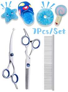 3-teiliges Profi Tier Pflegeschere Set: Rundspitzen Pflegeschere + gezahnte Filettierschere + doppelseitiger Edelstahl Kamm, sicheres Tier-Pflegescheren Set für Hunde und Katzen