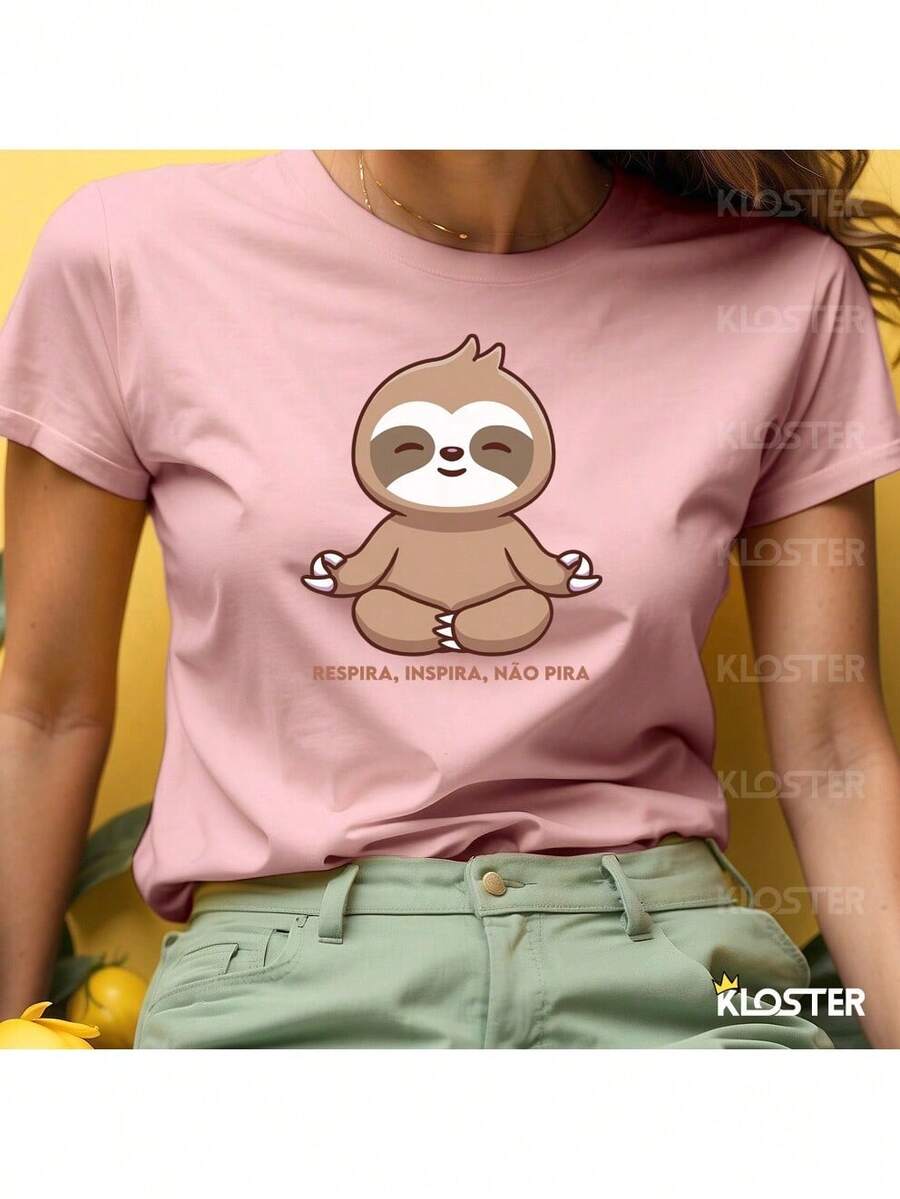 Women's T-Shirt Sloth Breathe Inhale Don't Freak Out - Sloth - 100% Cotton - Màu Hồng baby - Xem 1