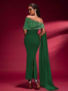 Green Solid Color Beaded Ribbon Splice Off-Shoulder Fitted Dignified Bandage Maxi Dress - Green - View 2