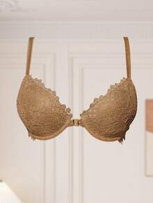 Hersunei 蜜桃女孩咖啡棕色性感蕾丝前扣文胸，女士薄杯舒适透气提拉钢圈文胸 - 咖啡棕 - 查看 10