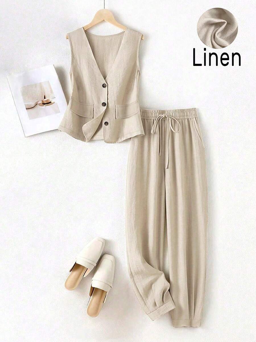 Women Spring Summer Casual Resort Linen Blazer, Vest And Pants Set