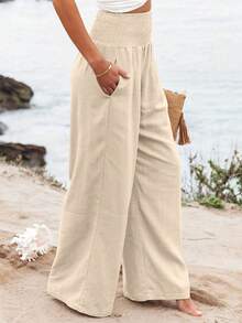 秋季时尚欧美阔腿高腰宽松休闲长裤女 - 米色 - 查看 3
