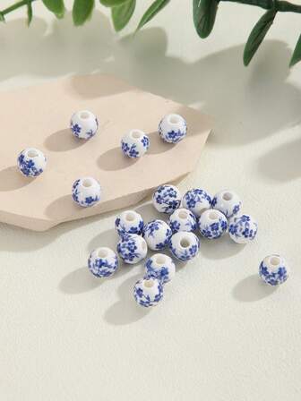 20pcs Elegant Porcelain Blue And White Ceramic Beads, DIY Jewelry Making Supplies For Necklace, Bracelet