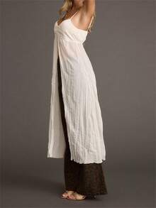 Womens Sleeveless Front Split Long Dress Open Front Spaghetti Strap Solid Color Dress Longline Cami Tops - White - View 3