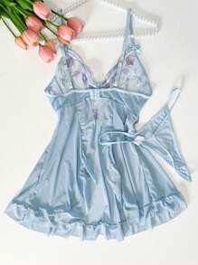 Camisón de lencería sexy con bordados y costuras de malla seductora