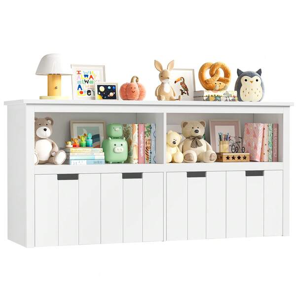 Mueble para guardar juguetes, organizador de juguetes, estantería Montessori, estantería para guardar juguetes y libros, caja para guardar juguetes, 4 cajones con ruedas, 2 compartimentos abiertos, 120x33x61,5cm