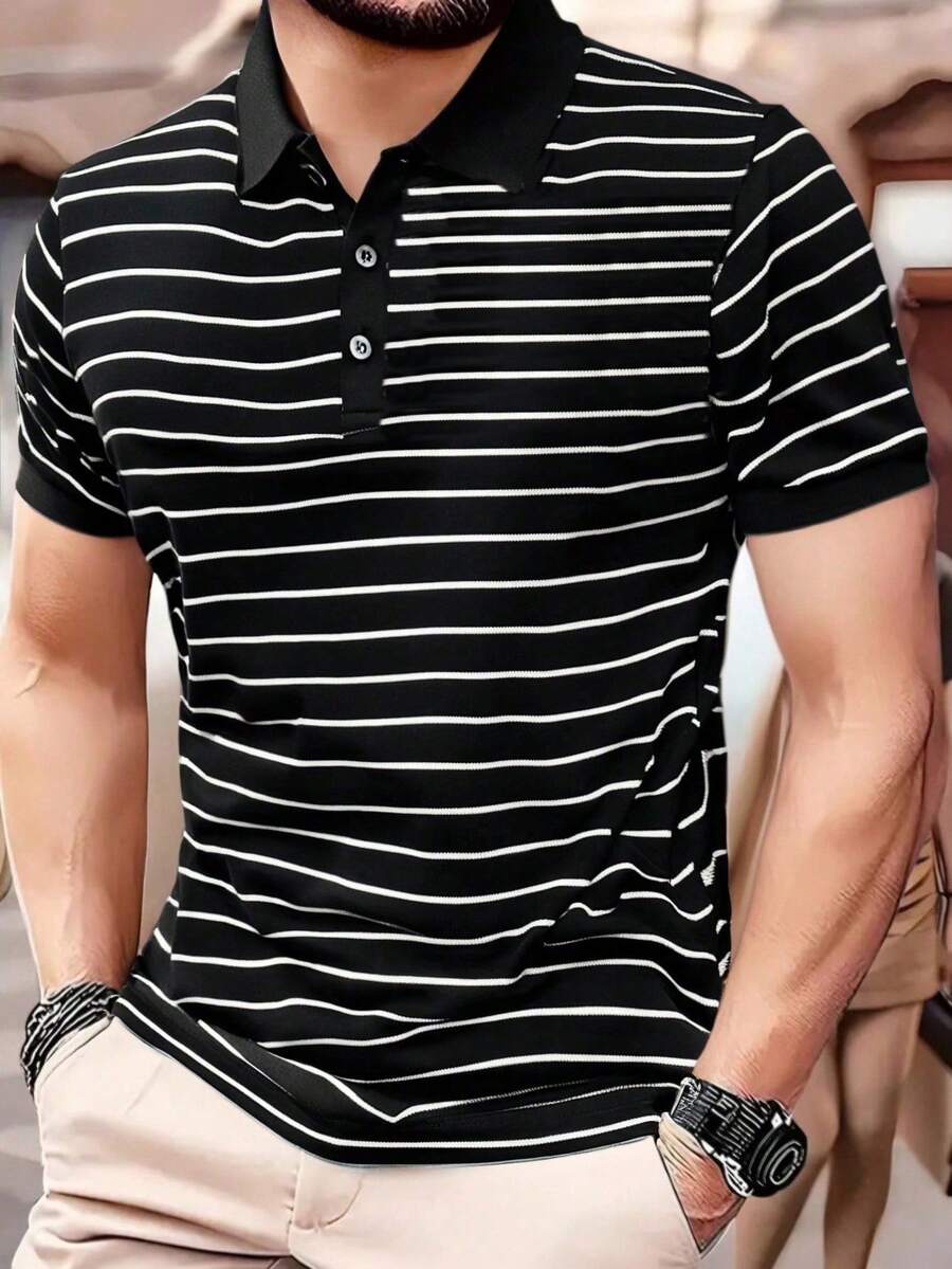 1 件男士条纹 Polo 衫，短袖 1/4 纽扣，透气凉爽，适合商务、高尔夫、休闲、运动、户外、旅行、派对 - 黑色 - 查看 1