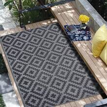 Wodoodporny dywan zewnętrzny, dwustronny dywan plastikowy, nowoczesny dywan, duża mata podłogowa na zewnątrz, kamper, patio, podwórko, pokład, piknik, plaża, kemping, czarno-szara krata - Czarne - Zobacz 12