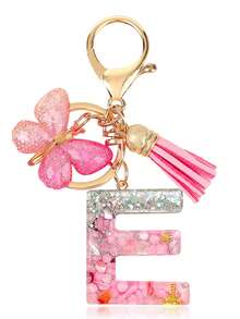 Personalized Bling Monogram Keychain For Women - Resin Letter Charm With Silvery Glitter, Pink Pebble & Gold Star Shaker - Birthday Gifts For Her, Anniversary Present With Pink Tassel & Butterfly Accent Car Accessories Bag Charm School Cute Goth Y2k - Pink - View 7