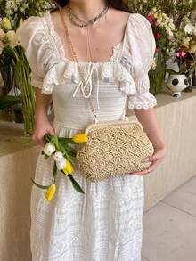 Fashionable Woven Tote Bag, Casual Chic Summer Beach Straw Crossbody Shoulder Bag - Beige - View 3