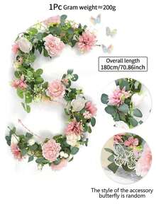 1条粉色人造玫瑰藤蔓，70.86英寸，春季悬挂式花环，绿色桉树花环，蝴蝶装饰，适用于婚礼派对背景、拱门、门廊、墙壁、楼梯、壁炉、餐桌、家居季节性装饰、母亲节礼物、毕业宿舍装饰、返校房间装饰、学习用品