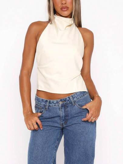 Women Acute Halter Neck Satin Sleeveless Backless Solid Color Slim Fit Summer Tank Crop Tops Teen Girls Aesthetic Clothes Club Streetwear Summer Holiday Outfits Going Out Top Spring Clothes Beach Wear St Patricks Day