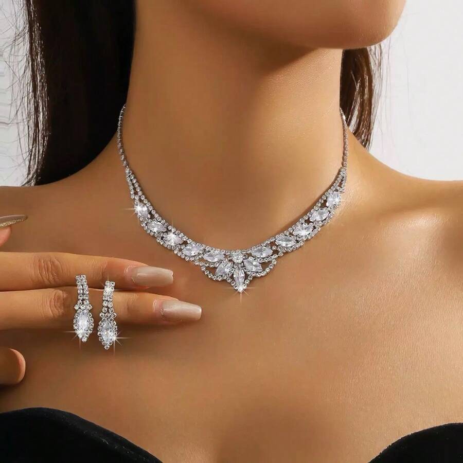 1pc Crystal Rhinestone Necklace And 1 Pair Crystal Rhinestone Earrings Luxury Bridal Set - Silver - View 1