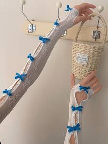 1pc Pink Bow-Knot Lace Shawl With Sleeves, Suitable For Parties And Weddings - Blue and White - View 11