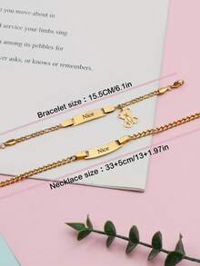 Customized Name Children's Bracelet And Necklace Set, Personalized Engraved Teddy Bear Jewelry For Kids - One Size - View 5