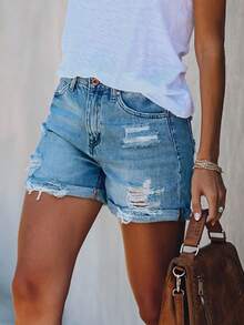 Women's Denim Shorts Stylish Ripped Design Slim Fit Mid Rise Jean Shorts For Summer - 天藍色 - 查看 4