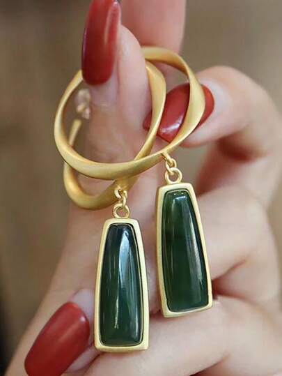 1pc Large Jade Ring Long Earrings, Chinese Style Hanfu Earrings, Slimming Face Earring Pendant, Suitable For Women Daily, Festival, Party, Girlfriend Surprise Gift