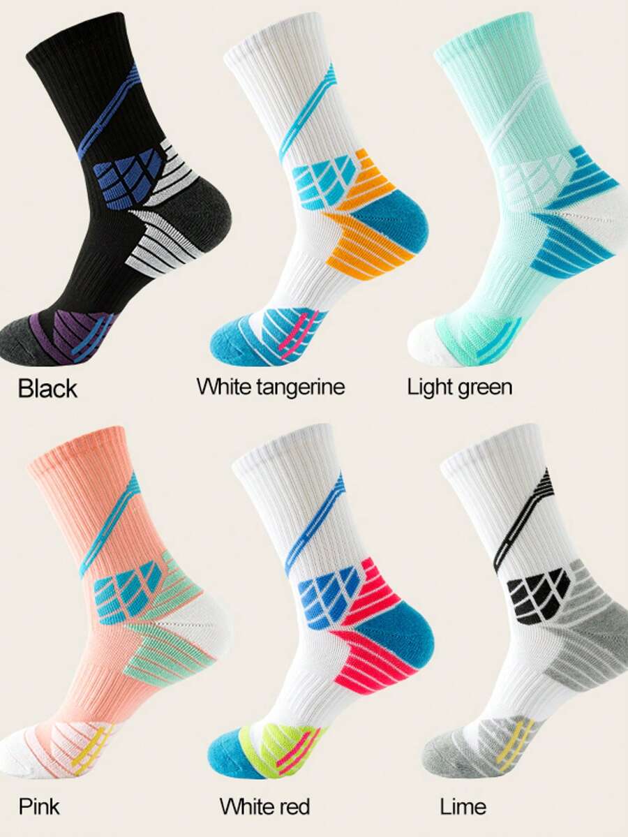 1/2/6 Pairs Women Professional Cycling/Sports Socks, Thick Terry Sole For Running, Workout, Calf-Length Mid Tube Socks - Multicolor - View 1