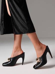 Elegant Women's Gold Metal Decor Stiletto Pumps Peep Toe Kitten High Heeled Slip-On Sexy Fashion Comfortable Nightclub Dress Summer Shoes Mules Office Ladies Pumps - màu đen - Xem 7