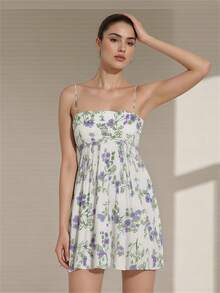 Women's Summer Mini Cami Dress Sleeveless Open Back Solid Color/Floral Spaghetti Strap Dress - Flower - View 2