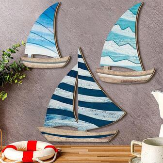 1 Set de decoración de pared de arte de barco de vela de madera, decoración náutica costera con esculturas autoadhesivas, decoración de pared de casa junto al lago u océano para dormitorio, baño y habitación infantil. Decoración vintage para el hogar, baño y dormitorio (DIY pegamento)