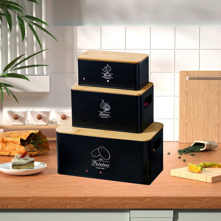 ERUIV Förvaringslåda för potatis [Set om 3] - Köksdekoration - Perfekt för förvaring av lök, potatis och vitlök (Svart)