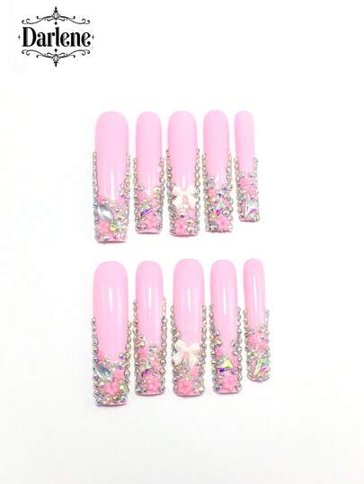 10 Pieces Of Pure Handmade False Nails With 3D Three-Dimensional Carving Of Bow, Flower, Cat Eye, Sparkling Powder, Matte, Diamond Decoration, Fresh And Elegant, Give To Friends, Can Be Worn Repeatedly Press On Nails Nail Supplies Nails