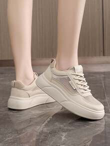 1 双女式布面运动鞋，夏季舒适休闲厚底运动鞋，户外徒步厚底健身跑步徒步运动鞋 - 卡其色 - 查看 4